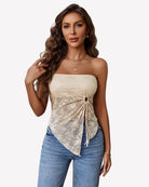 Champagne lace tube crop camisole with sweetheart neckline and side ruching tie