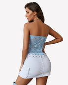 Light blue lace tube crop camisole back view with fitted strapless sweetheart shape