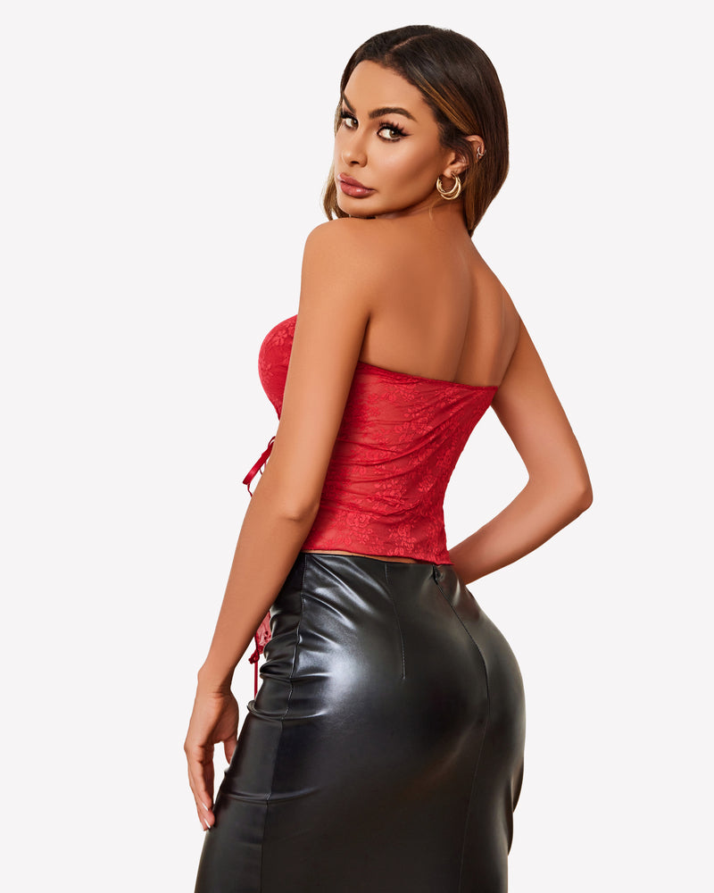 Lace tube crop top with ruched red lace fabric and lace-up side ties