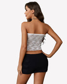 Lace tube crop top, light gray strapless with ruched lace back and side tie