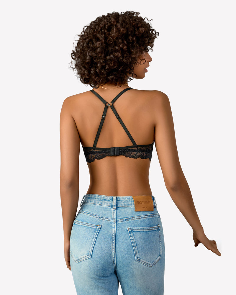 Black lace bralette back view with crisscross strap detail.