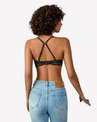 Black lace bralette back view with crisscross strap detail.