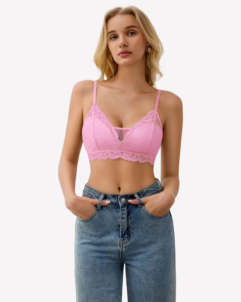 Pink lace bralette with V neckline, scalloped band, and thin adjustable straps.