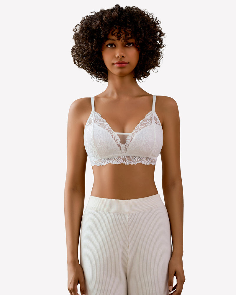 White lace no-underwire bralette with scalloped lace cups and thin adjustable straps