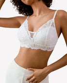 White lace no-underwire bralette, close-up of lace triangle cups and scalloped hem