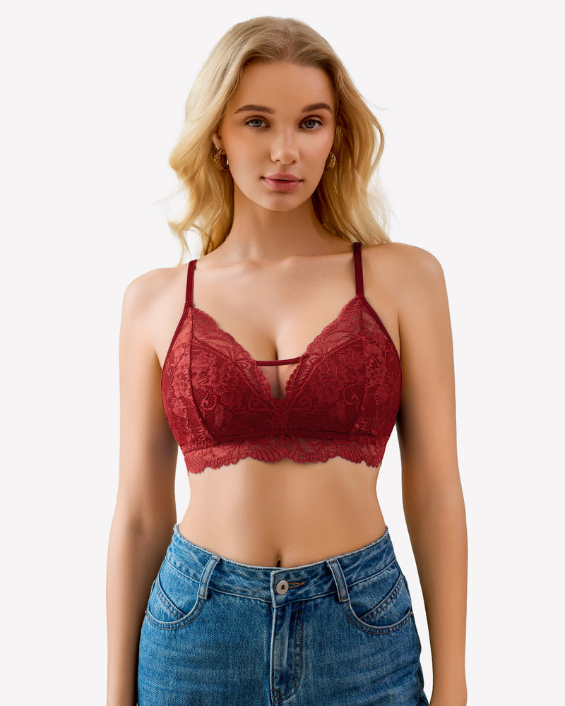 Wine red lace bralette, V neckline and scalloped band with thin straps.
