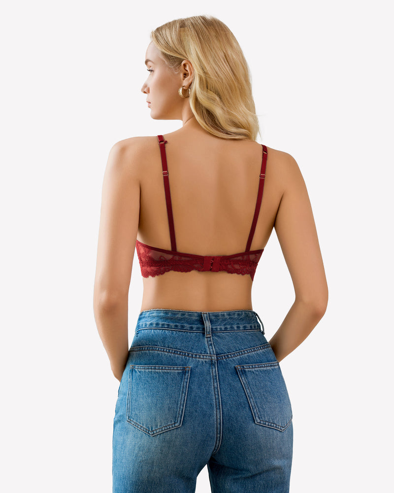 Wine red lace bralette back view, crisscross straps and lace band.