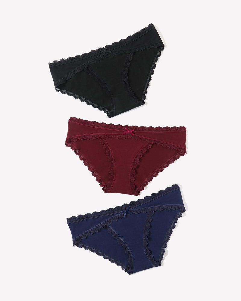 Set of lace stretch hipster panties in black, burgundy, and navy
