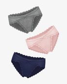 Set of lace stretch hipster panties in dark gray, blush pink, and navy