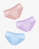 Set of lace stretch hipster panties in pink, purple, and light blue