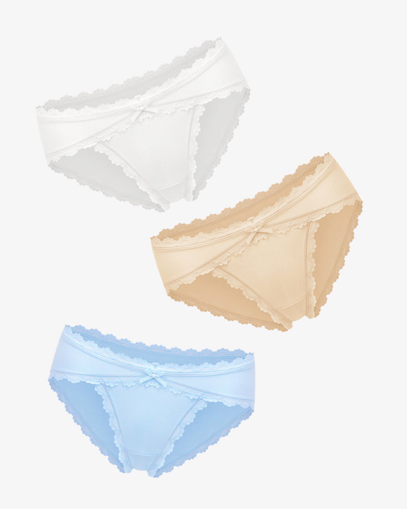 Set of lace stretch hipster panties in white, beige, and light blue