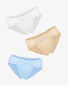 Set of lace stretch hipster panties in white, beige, and light blue