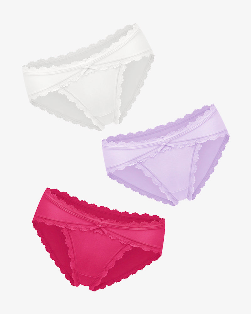 Set of lace stretch hipster panties in white, lavender, and red