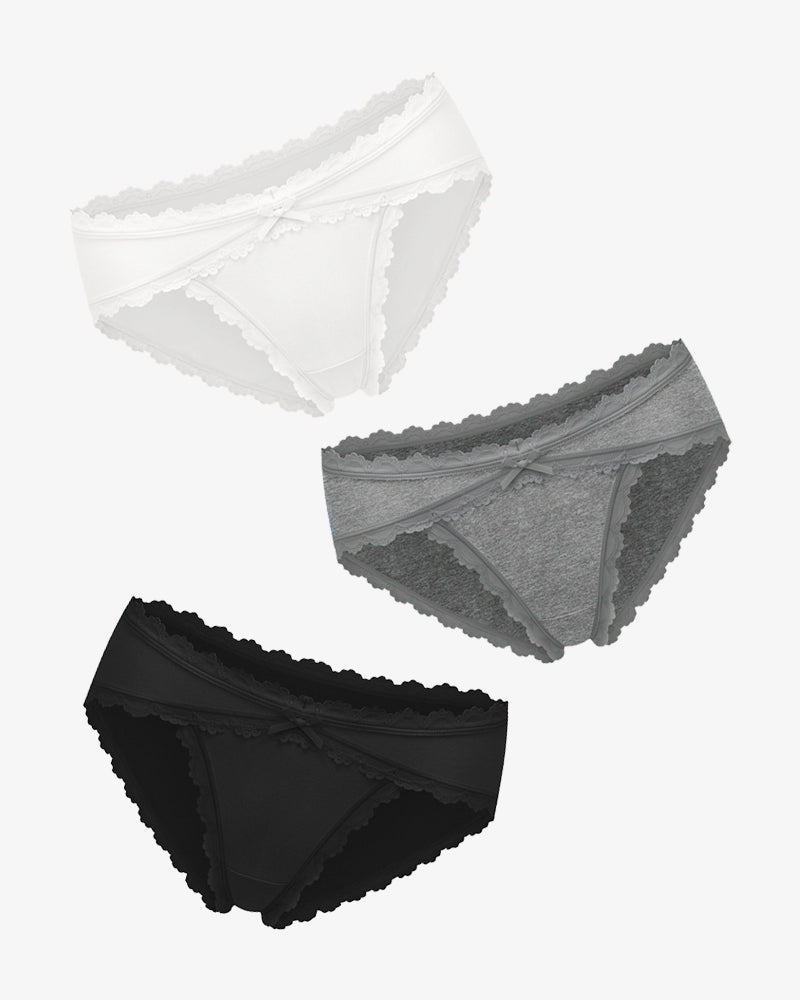 Set of lace stretch hipster panties in white, gray, and black