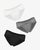 Set of lace stretch hipster panties in white, gray, and black