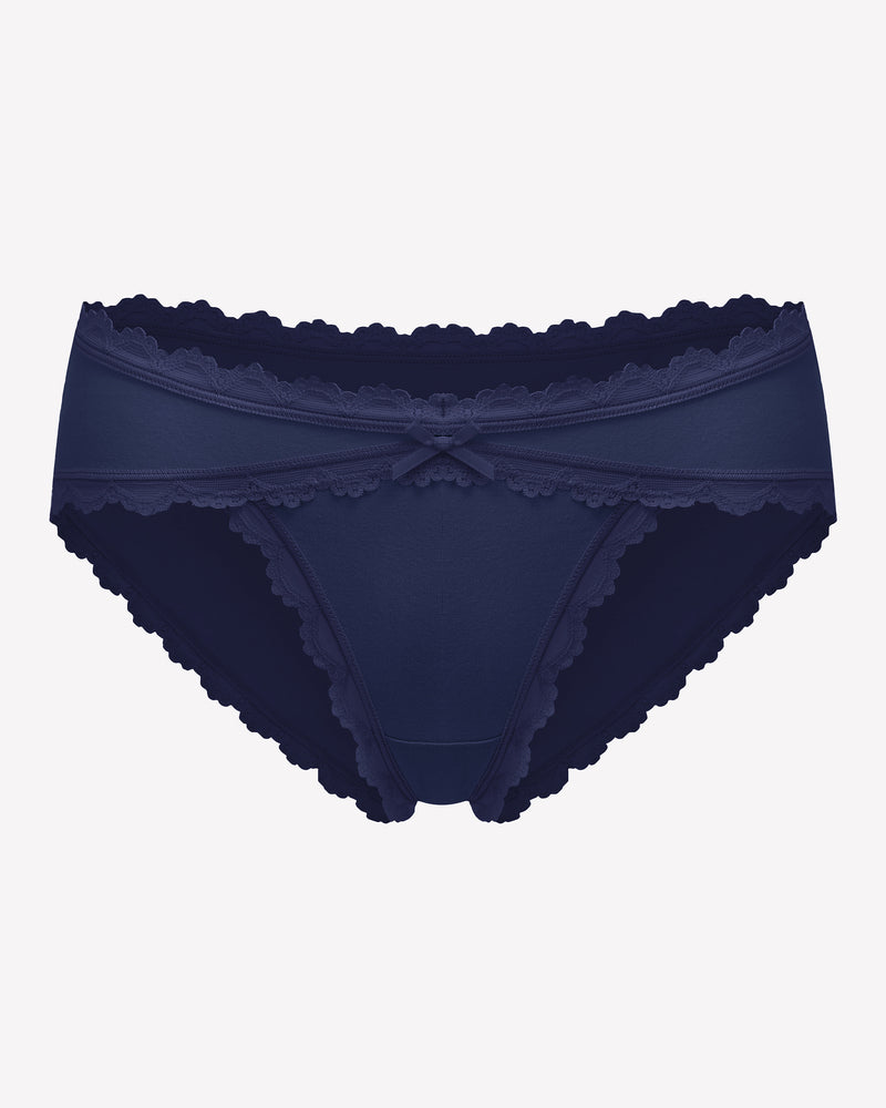 Navy lace stretch hipster panties with scalloped trim