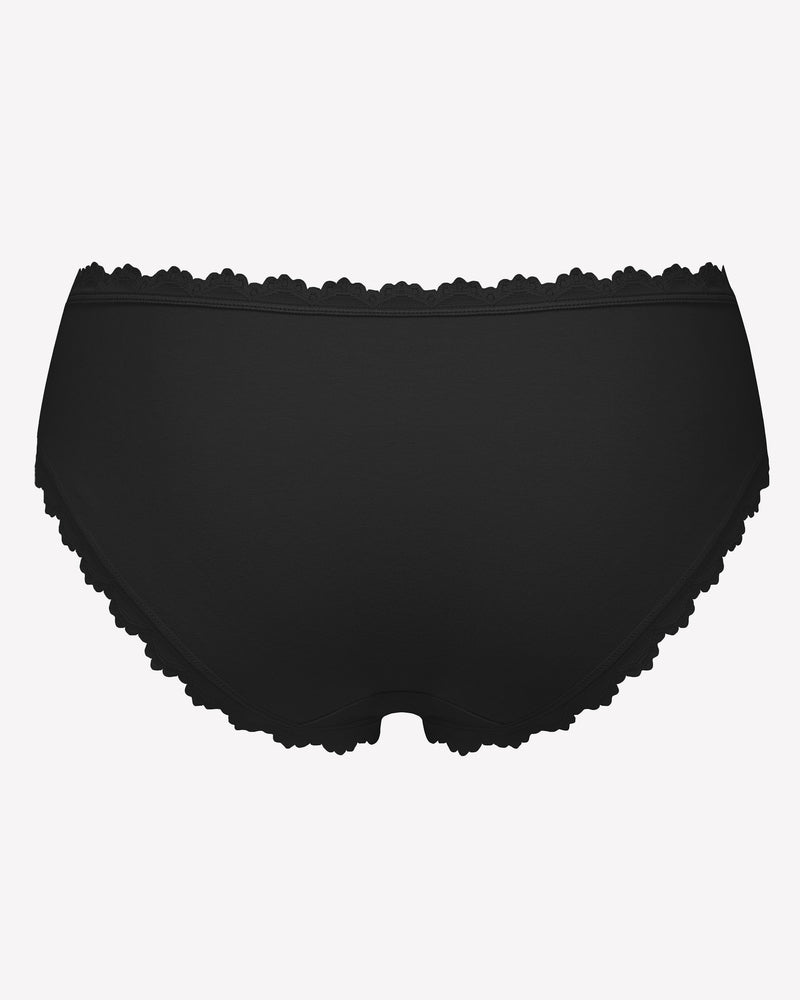 Black lace stretch hipster panties with scalloped trim and bow detail at front