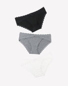 Three lace stretch hipster panties: black, heather gray, and light gray