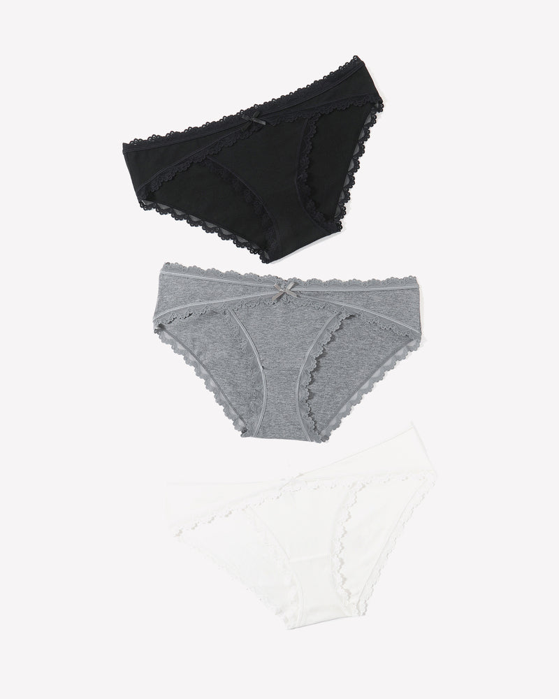 Three lace stretch hipster panties: black, heather gray, and light gray