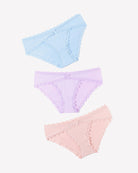 Three lace stretch hipster panties in light blue, lavender, and blush pink