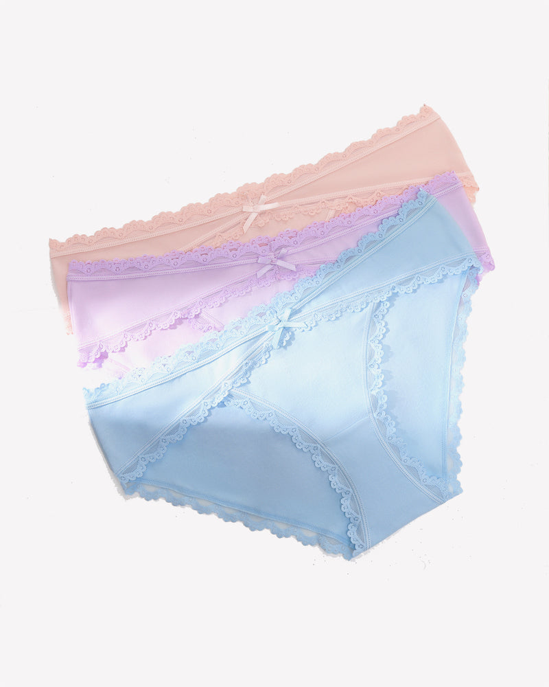 Lace stretch hipster panties in blush, lavender, and light blue with bow detail