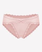 Pink lace stretch hipster panties with scalloped lace trim and front bow