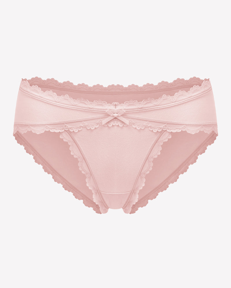 Pink lace stretch hipster panties with scalloped lace trim and front bow