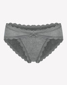 Heather gray lace stretch hipster panties with scalloped lace trim and bow