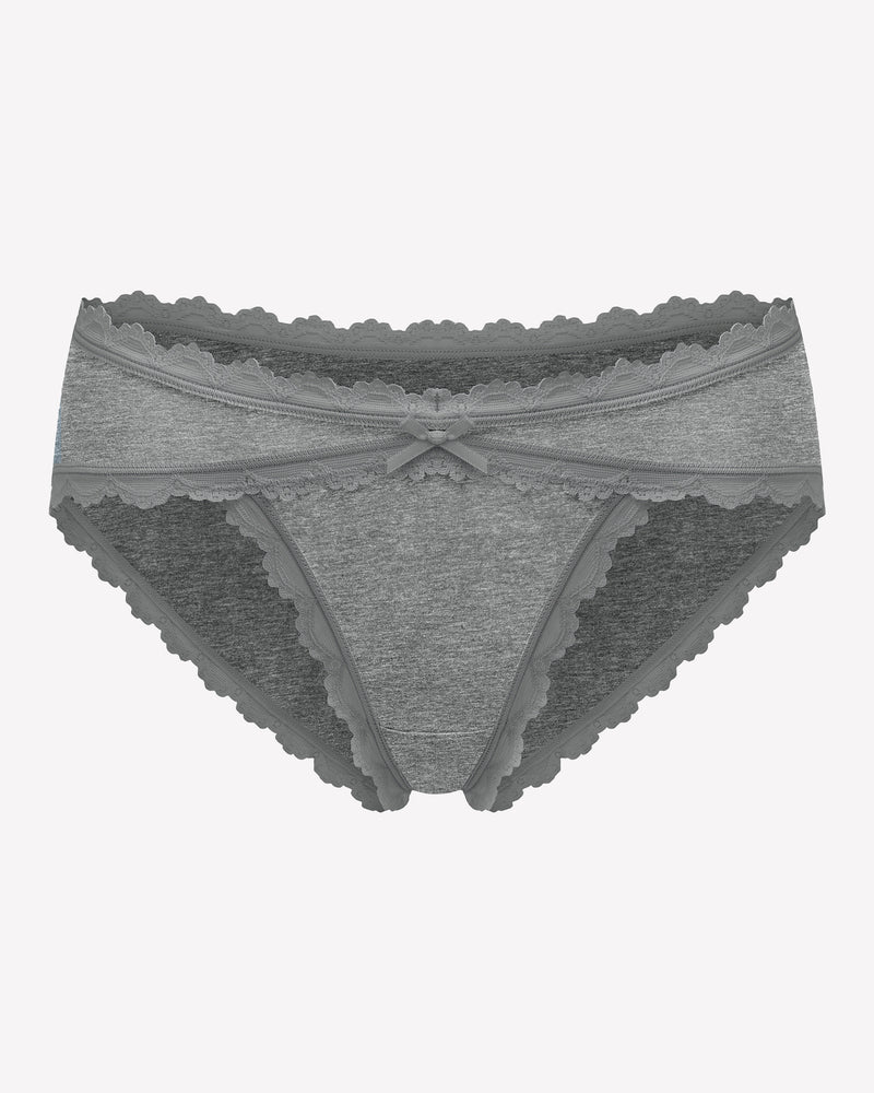 Heather gray lace stretch hipster panties with scalloped lace trim and bow