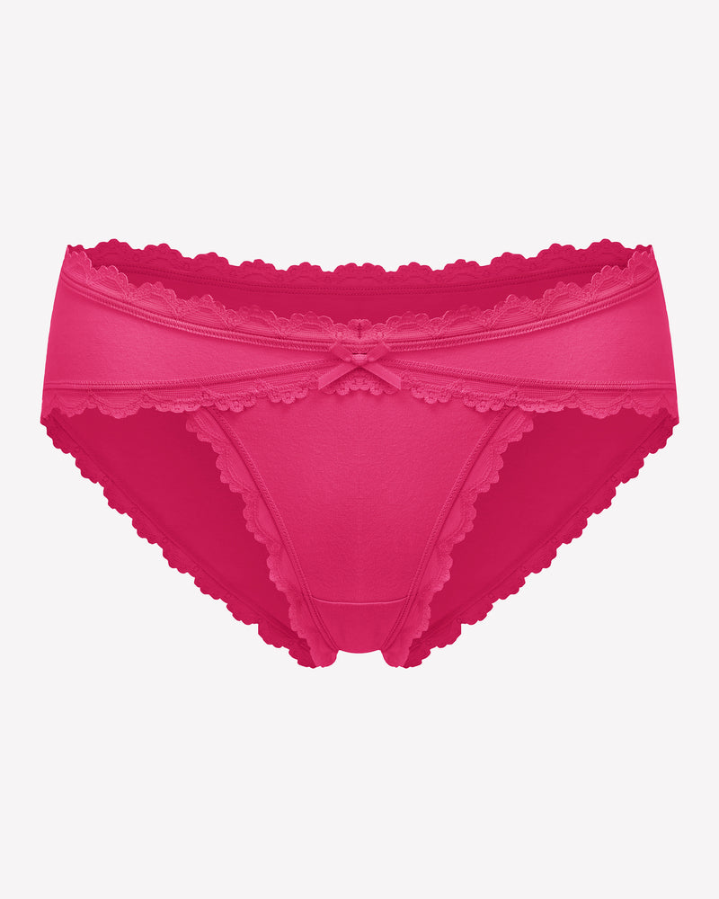 Fuchsia lace stretch hipster panties with scalloped lace trim and front bow