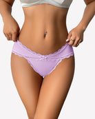 Lavender lace stretch hipster panties with scalloped edges and center bow