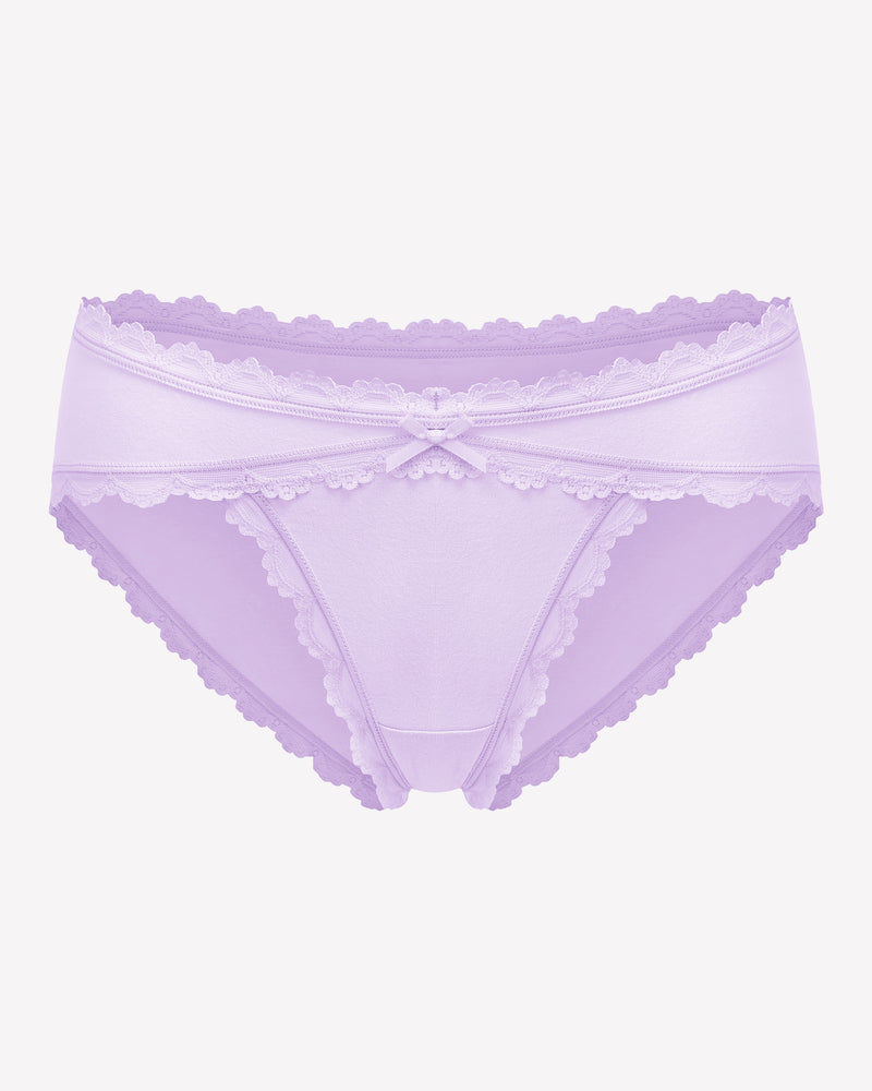 Lavender lace stretch hipster panties with scalloped lace trim and center bow