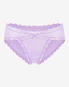 Lavender lace stretch hipster panties with scalloped lace trim and center bow