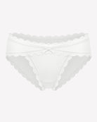 White lace stretch hipster panties with scalloped trim and front bow detail