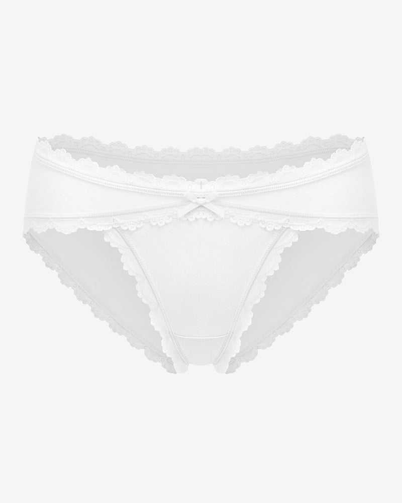 White lace stretch hipster panties with scalloped trim and front bow detail
