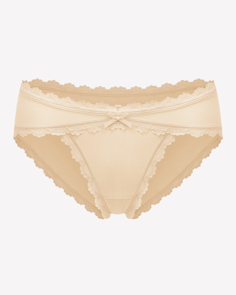 Beige lace stretch hipster panties with scalloped lace trim and front bow detail