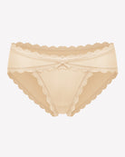 Beige lace stretch hipster panties with scalloped lace trim and front bow detail