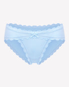 Light blue lace stretch hipster panties with scalloped trim and center bow