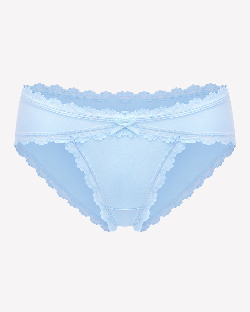 Light blue lace stretch hipster panties with scalloped trim and center bow