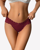 Burgundy lace stretch hipster panties with scalloped trim and center bow