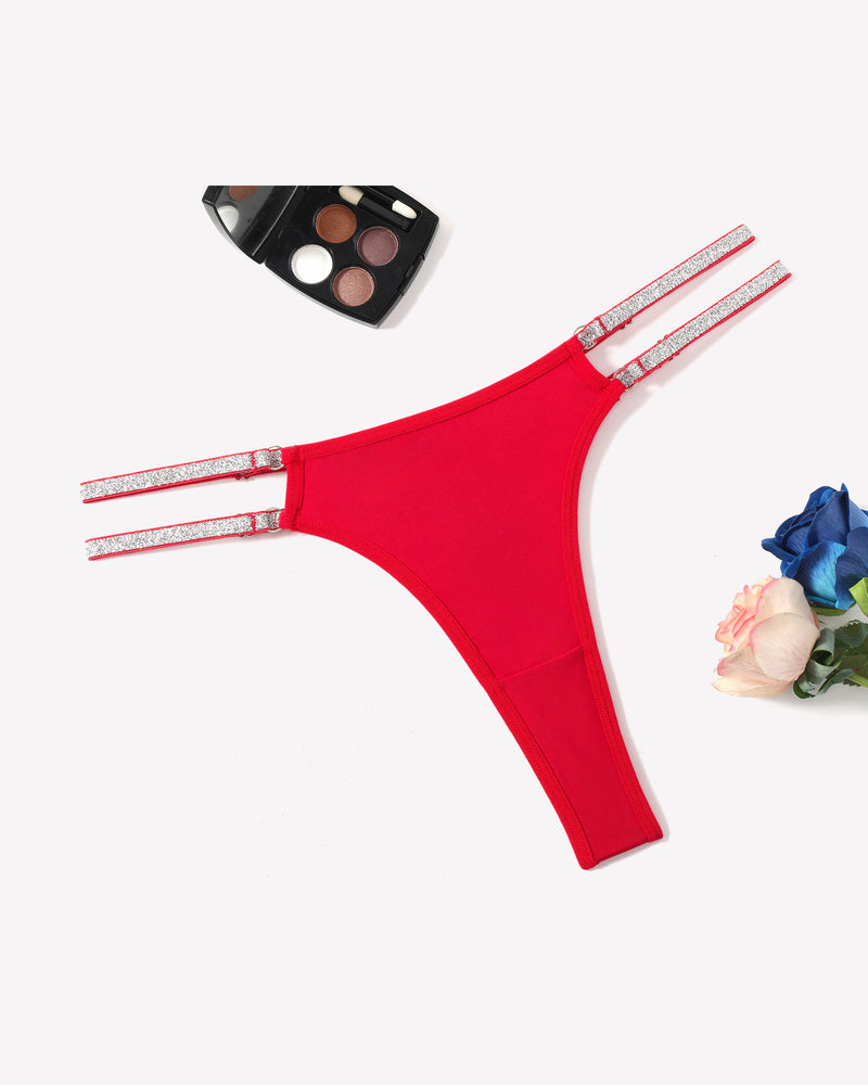 Low waist Brazilian tanga panties, red with glitter-trim side straps, flat