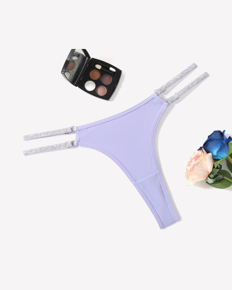 Low waist Brazilian tanga panties, lavender with glitter-trim side straps, flat