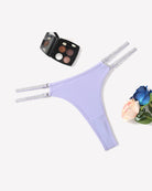 Low waist Brazilian tanga panties, lavender with glitter-trim side straps, flat