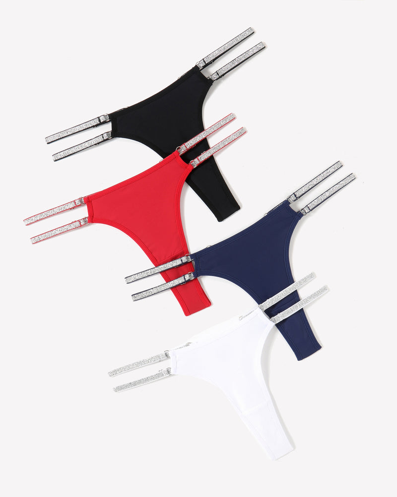Low-waist Brazilian tanga panties set in black, red, navy, and white with silver trim