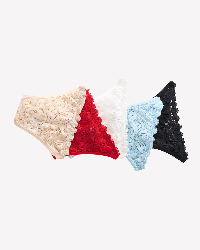 Low-rise lace cheeky underpants set of 4 in beige, red, light blue, black