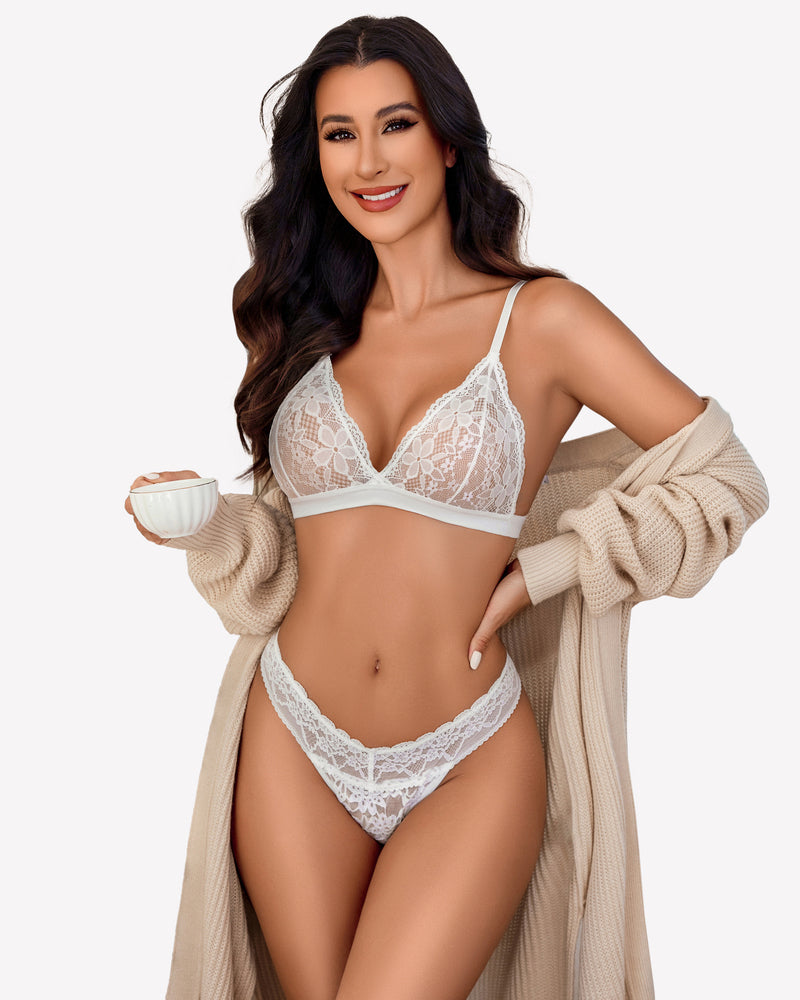 Low waist lace Brazilian panties, white lace with floral pattern and scalloped edges