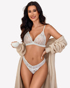 Low waist lace Brazilian panties, white lace with floral pattern and scalloped edges