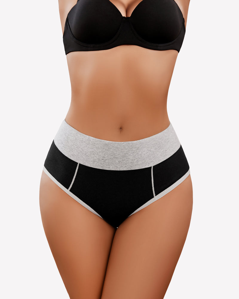 Cotton high-waist hipster briefs, grey waistband, black body with white trim