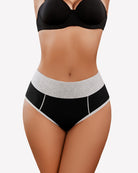 Cotton high-waist hipster briefs, grey waistband, black body with white trim