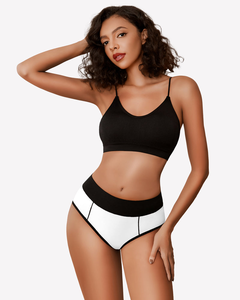 Cotton high-waist hipster briefs, black and white color-block with black waistband